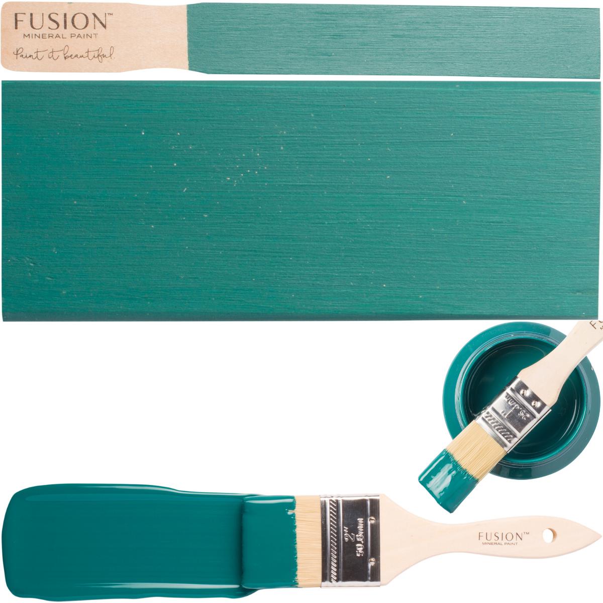 Renfrew Blue paintbrush, painted wood sample, and Fusion Mineral Paint acrylic all-in-one can shown together.