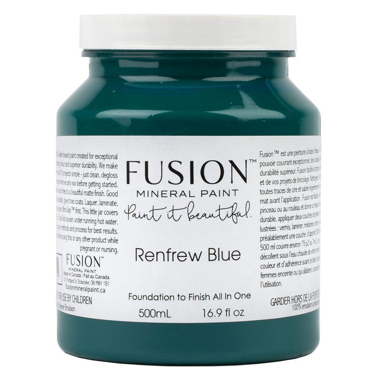 500mL Fusion Mineral Paint in Renfrew Blue, rich teal with white label and black lid.