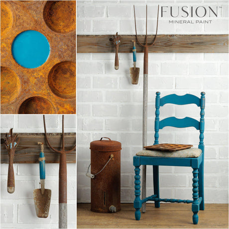 Chair painted in Renfrew Blue Fusion Mineral Paint beside garden tools and a can.