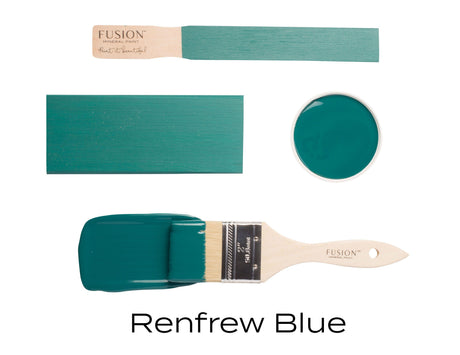 Four Renfrew Blue Fusion Mineral Paint samples by Fusion Mineral Paint displayed brushed on wood.