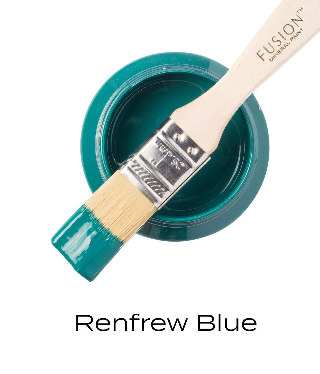 Open Fusion Mineral Paint Renfrew Blue jar with brush resting on top; text reads “Renfrew Blue” and “Fusion Mineral Paint.”.