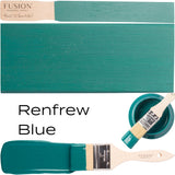 Fusion Mineral Paint Renfrew Blue acrylic all-in-one paint with swatch, brush, and can shown together.