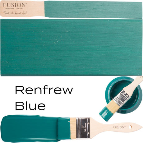 Fusion Mineral Paint Renfrew Blue acrylic all-in-one paint with swatch, brush, and can shown together.