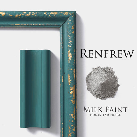 Teal frame, molding sample, and Homestead House Renfrew Blue Milk Paint powder.