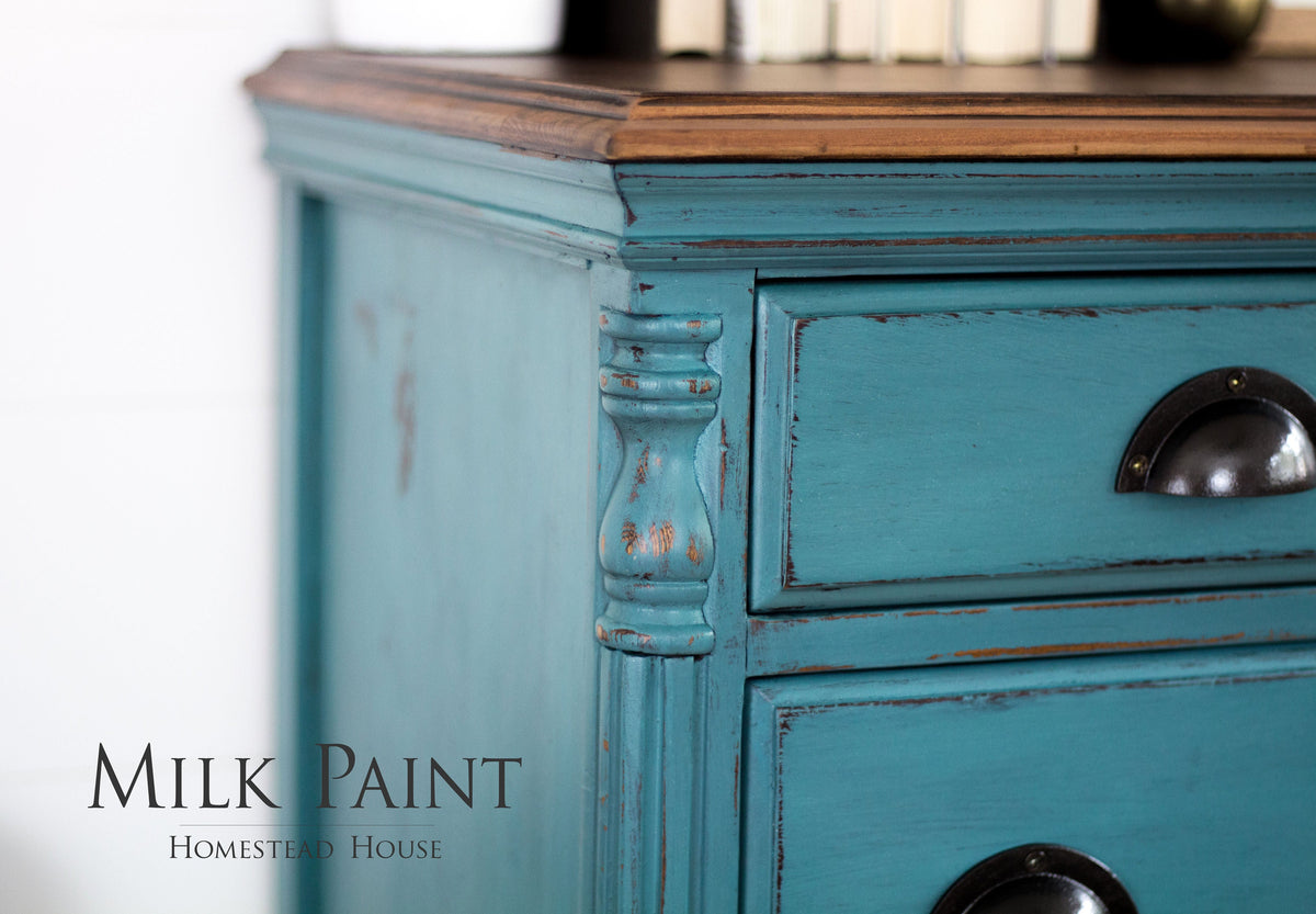 Homestead House Renfrew Blue Milk Paint, eco-friendly matte finish for furniture, vintage look.