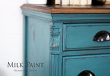 Homestead House Renfrew Blue Milk Paint, eco-friendly matte finish for furniture, vintage look.