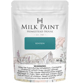 50g pouch of Renfrew Blue Milk Paint by Homestead House with health risk warning label below.