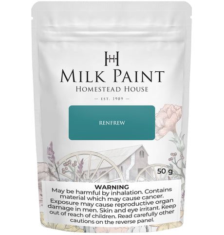 50g pouch of Renfrew Blue Milk Paint by Homestead House with health risk warning label below.