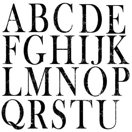 Uppercase serif A-U arranged in four rows, each with I.O.D. Typesetting Stamp Set’s distressed letter effect.