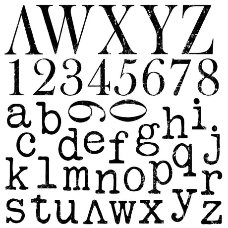 I.O.D. Replacement Letters for Typesetting Stamp, distressed black serif, upper/lowercase and numbers in rows.