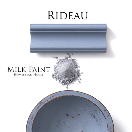 Wood trim sample, Rideau Blue Milk Paint by Homestead House, and blue bowl displayed together.