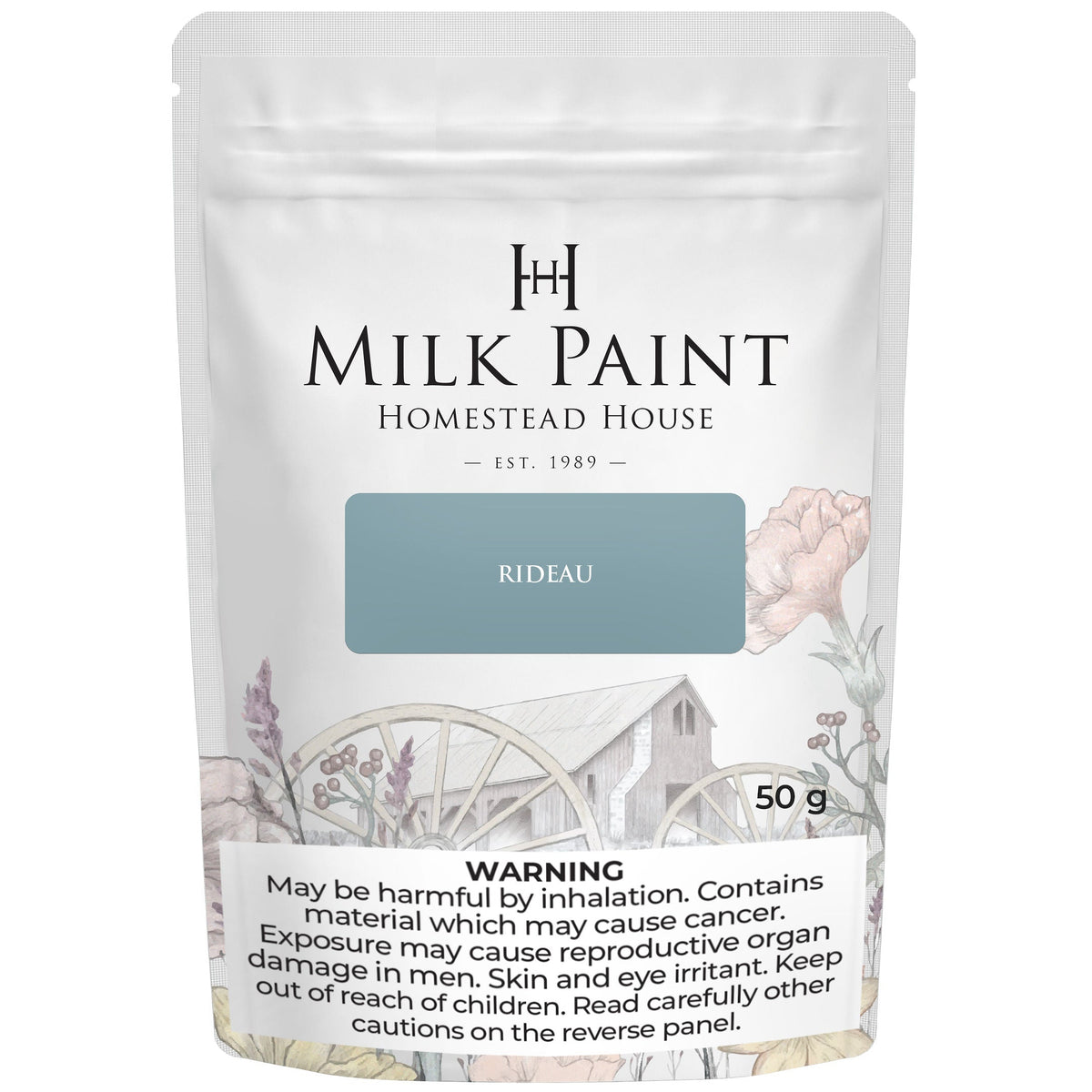 50g Homestead House Rideau Blue Milk Paint bag with floral design and warning label.