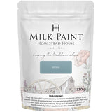 330g Rideau Blue Milk Paint by Homestead House, bag with floral art and illustrated house on label.