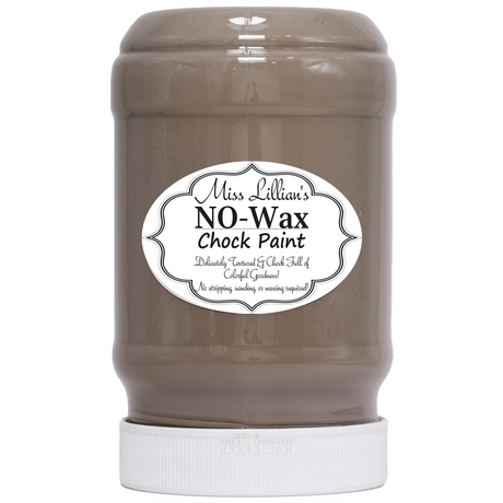 Miss Lillian’s Riverstone No-Wax Chock Paint jar in brown with white lid.