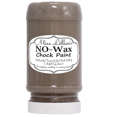 Miss Lillian’s Riverstone No-Wax Chock Paint, brown, shown upside down with label clearly visible.