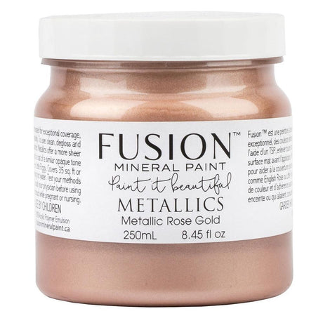 Fusion Mineral Paint Rose Gold Metallic, 250ml jar with white label featuring English and French text.