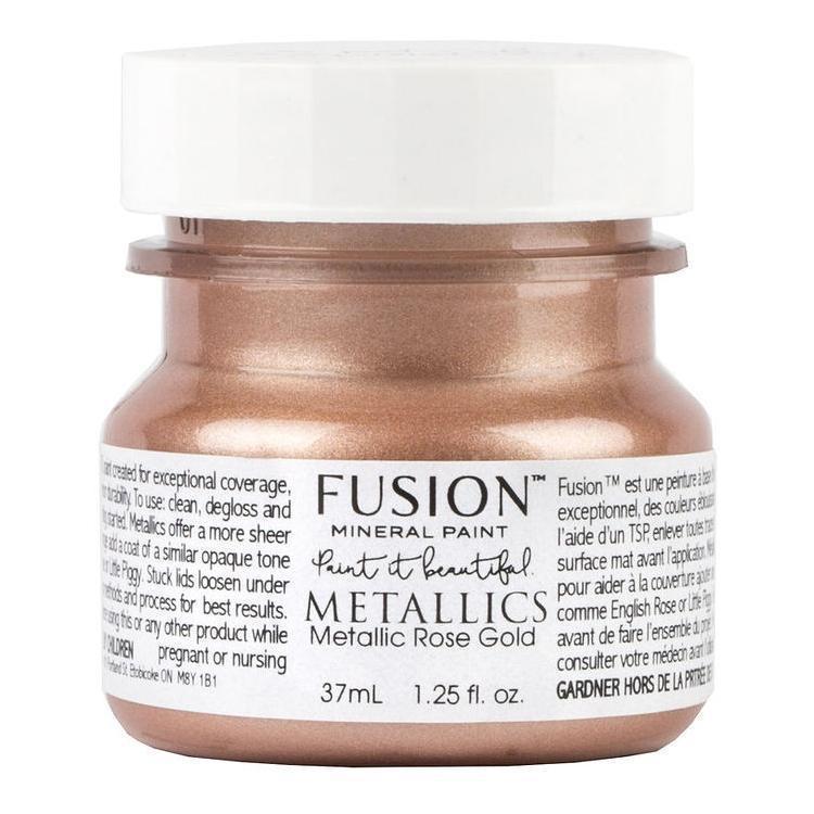 Fusion Mineral Paint Rose Gold Metallic small jar with white label and copper-toned paint visible inside.