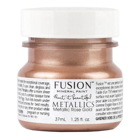 Fusion Mineral Paint Rose Gold Metallic small jar with white label and copper-toned paint visible inside.