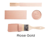 Fusion Mineral Paint Rose Gold Metallic shown with brush, swatch, and container labeled “Rose Gold.”.