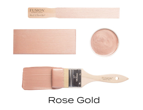 Fusion Mineral Paint Rose Gold Metallic shown with brush, swatch, and container labeled “Rose Gold.”.