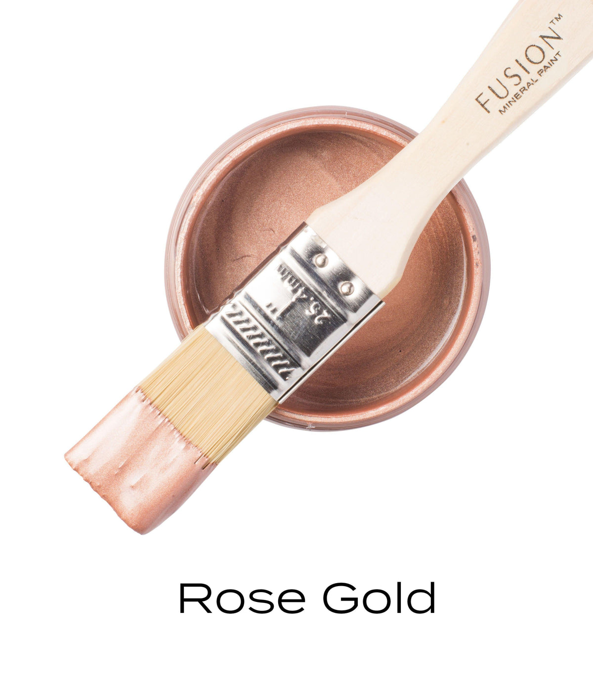 Paintbrush with Rose Gold Metallic Fusion Mineral Paint on a jar; text below reads “Rose Gold.”.