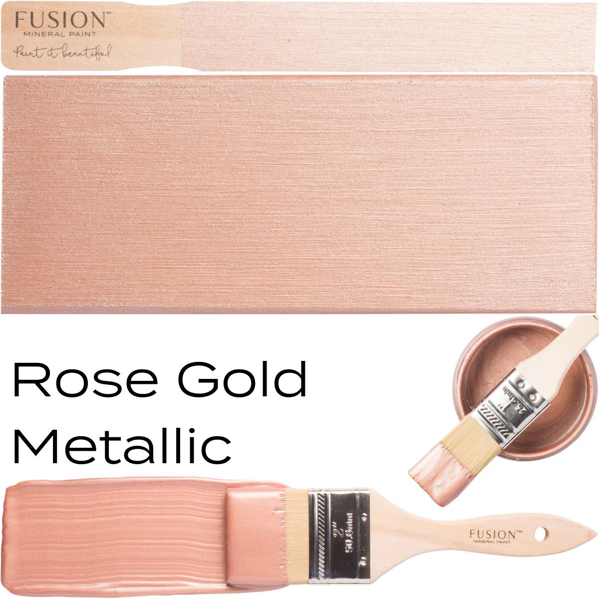 Rose Gold Metallic Fusion Mineral Paint with paintbrush, painted swatch, and product text on white background.