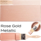 Rose Gold Metallic Fusion Mineral Paint with paintbrush, painted swatch, and product text on white background.