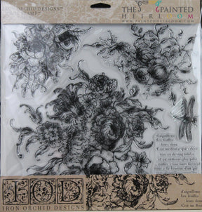 Rose Toile Stamp by IOD with floral, leaf, and insect designs.