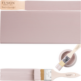 Rose Water by Fusion Mineral Paint, a neutral pink, displayed on wood with brushes and open paint can.