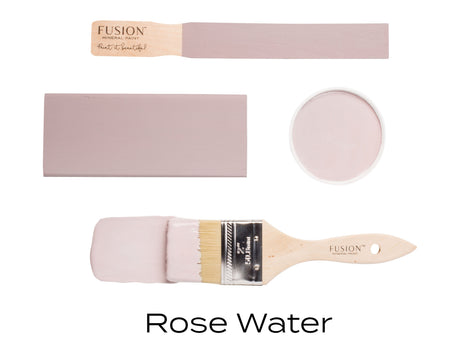Rose Water Fusion Mineral Paint—soft pink—with four samples, brushes, a swatch, and an open paint can.
