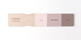Paint swatch paddle showing Fusion Mineral Paint shades: Rose Water, peony, and damask.