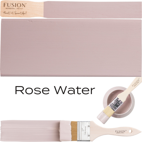 Fusion Mineral Paint Rose Water with two brushes, pink color swatch, open paint can, and “Rose Water” text.
