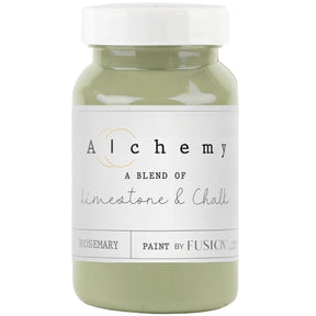 Fusion Mineral Paint Rosemary Alchemy, chalk-style green paint with limestone, chalk, and rosemary for furniture.