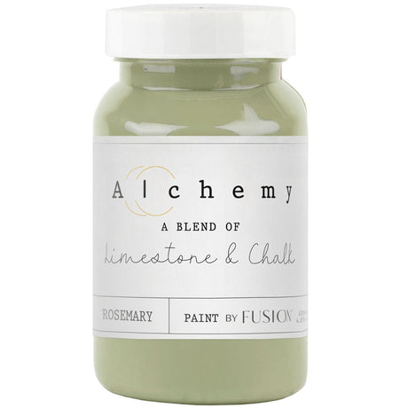 Fusion Mineral Paint Rosemary Alchemy, chalk-style green paint with limestone, chalk, and rosemary for furniture.