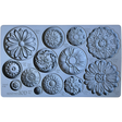 I.O.D. Rosettes Mould by Iron Orchid Designs with 12 distinct floral designs, each labeled with volume and weight.
