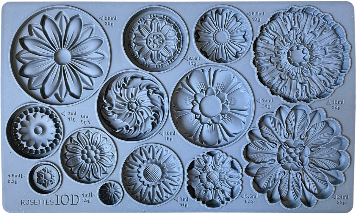 IOD Rosettes Mould, silicone with 13 individually sized and labeled floral rosettes, Iron Orchid Designs.