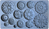 IOD Rosettes Mould, silicone with 13 individually sized and labeled floral rosettes, Iron Orchid Designs.