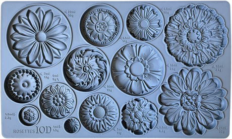 IOD Rosettes Mould, silicone with 13 individually sized and labeled floral rosettes, Iron Orchid Designs.