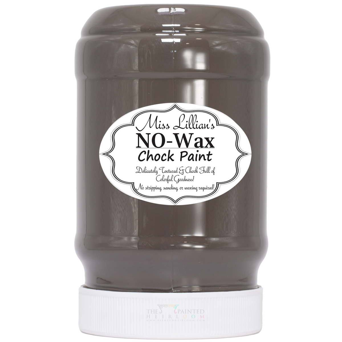 Miss Lillian’s Paint Royal Taupe No-Wax Chock Paint jar, front label visible.