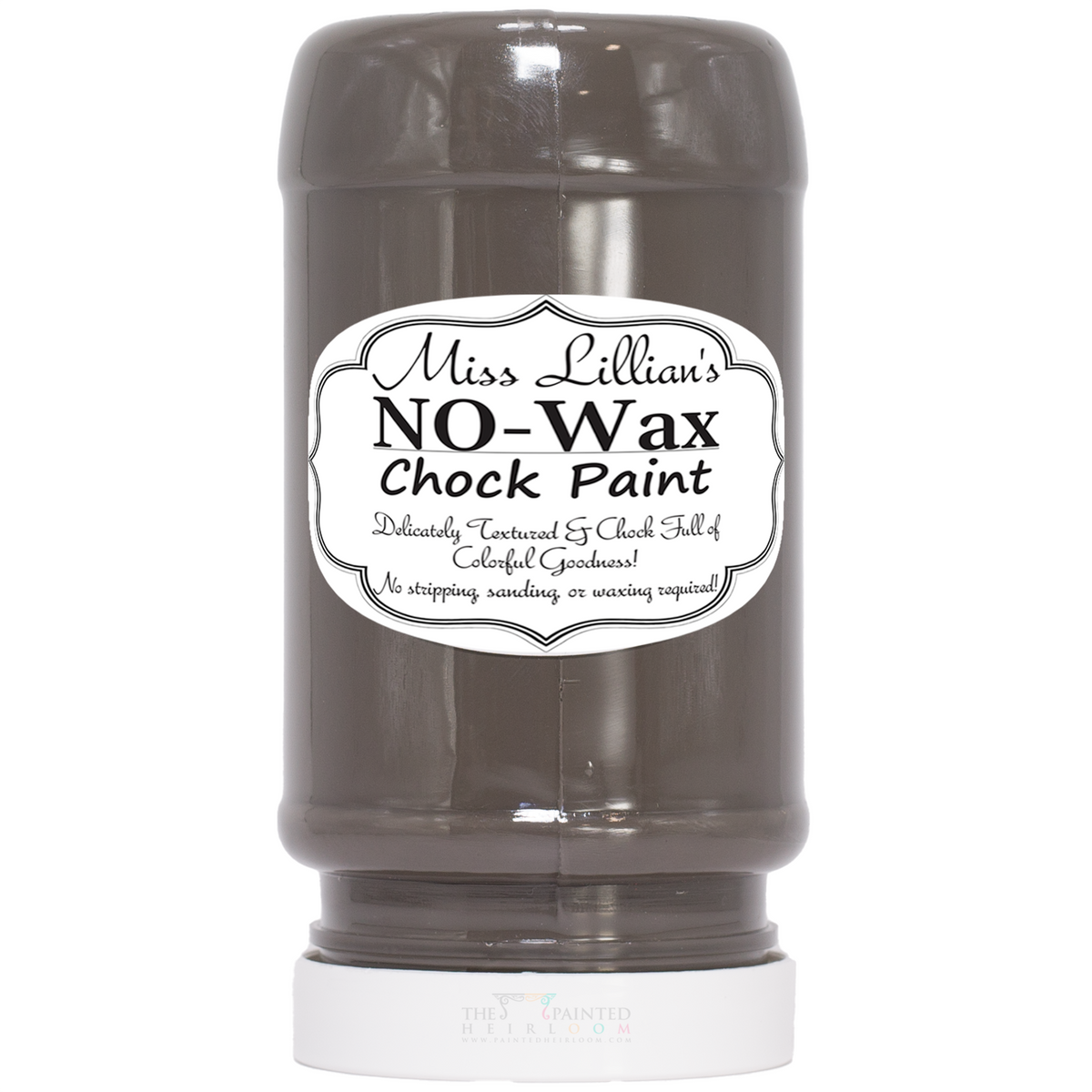 Miss Lillian’s Paint Royal Taupe No-Wax Chock Paint in a plastic container.
