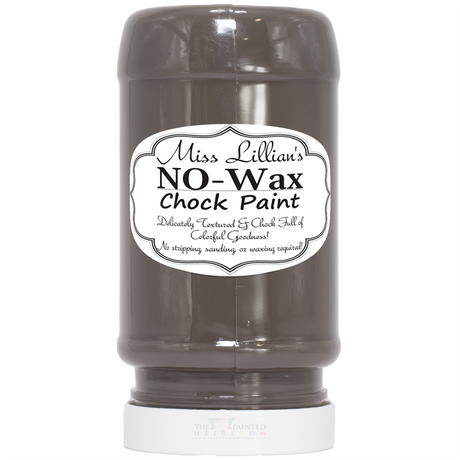 Miss Lillian’s Paint Royal Taupe No-Wax Chock Paint in a plastic container.