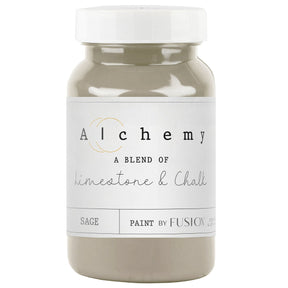 Jar of Fusion Mineral Paint, Sage Alchemy color, chalk-style furniture paint with limestone and chalk.