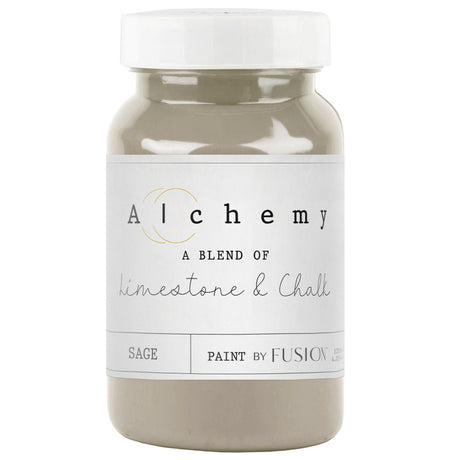 Jar of Fusion Mineral Paint, Sage Alchemy color, chalk-style furniture paint with limestone and chalk.