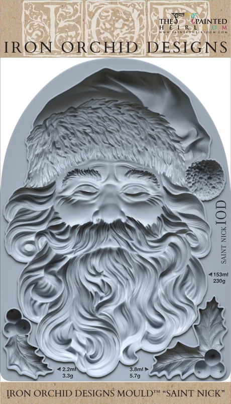 IOD Saint Nick Mould 2025 Limited Release in gray silicone featuring Santa’s face with hat, beard, and holly.