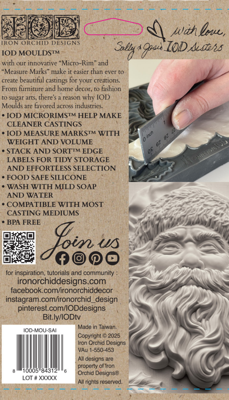 Hand slicing molded clay with spatula; on-screen text: Saint Nick Mould (2025 Limited Release) by I.O.D. and contact info.