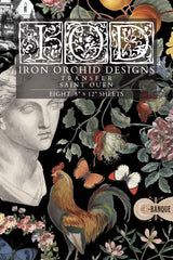 Collage featuring a statue head, rooster, butterflies, and flowers with Saint Ouen Transfer by IOD overlay.