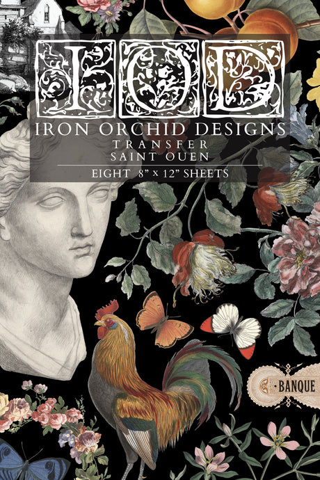 Collage featuring a statue head, rooster, butterflies, and flowers with Saint Ouen Transfer by IOD overlay.