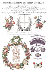 Saint Ouen Transfer by IOD with vintage botanicals, French script, and emblems on white background.