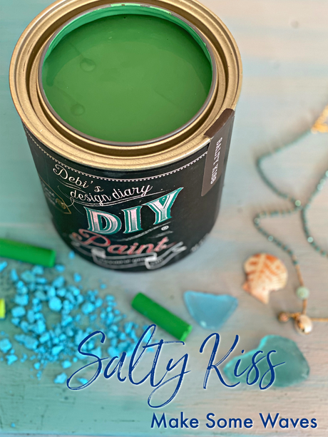 Salty Kiss DIY Paint by DIY Paint Co., can open, product label visible, with beach décor accents on blue background.