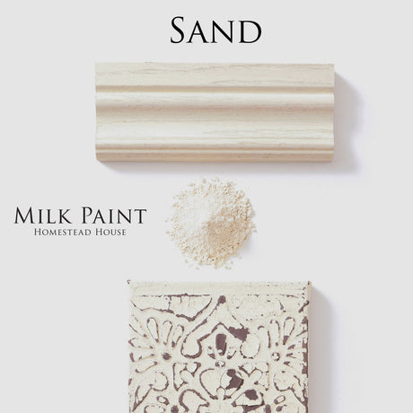 Sand Milk Paint by Homestead House on trim, shown beside powder and a sand-patterned floral tile.
